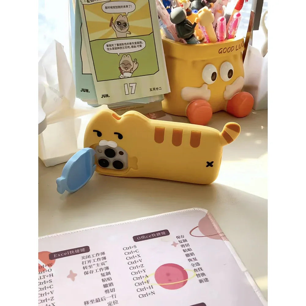 Ameigas Bite-Sized Buddy Case - 3D Kitten Eating Fish Silicone Cover with Stand - Ameigas