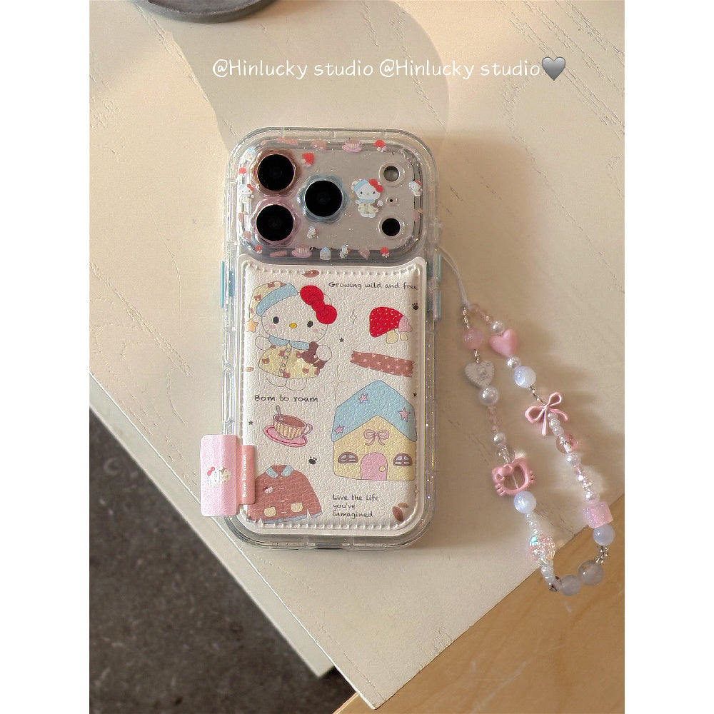 Ameigas Doodle Cafe Case - Cartoon House & Cat Leather Cover with Chain