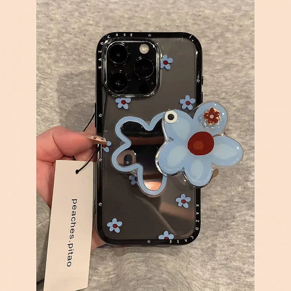 Ameigas Bloom Mirror Case - Spinning Blue Flowers & Magnetic Stand Acrylic Cover - Ameigas
