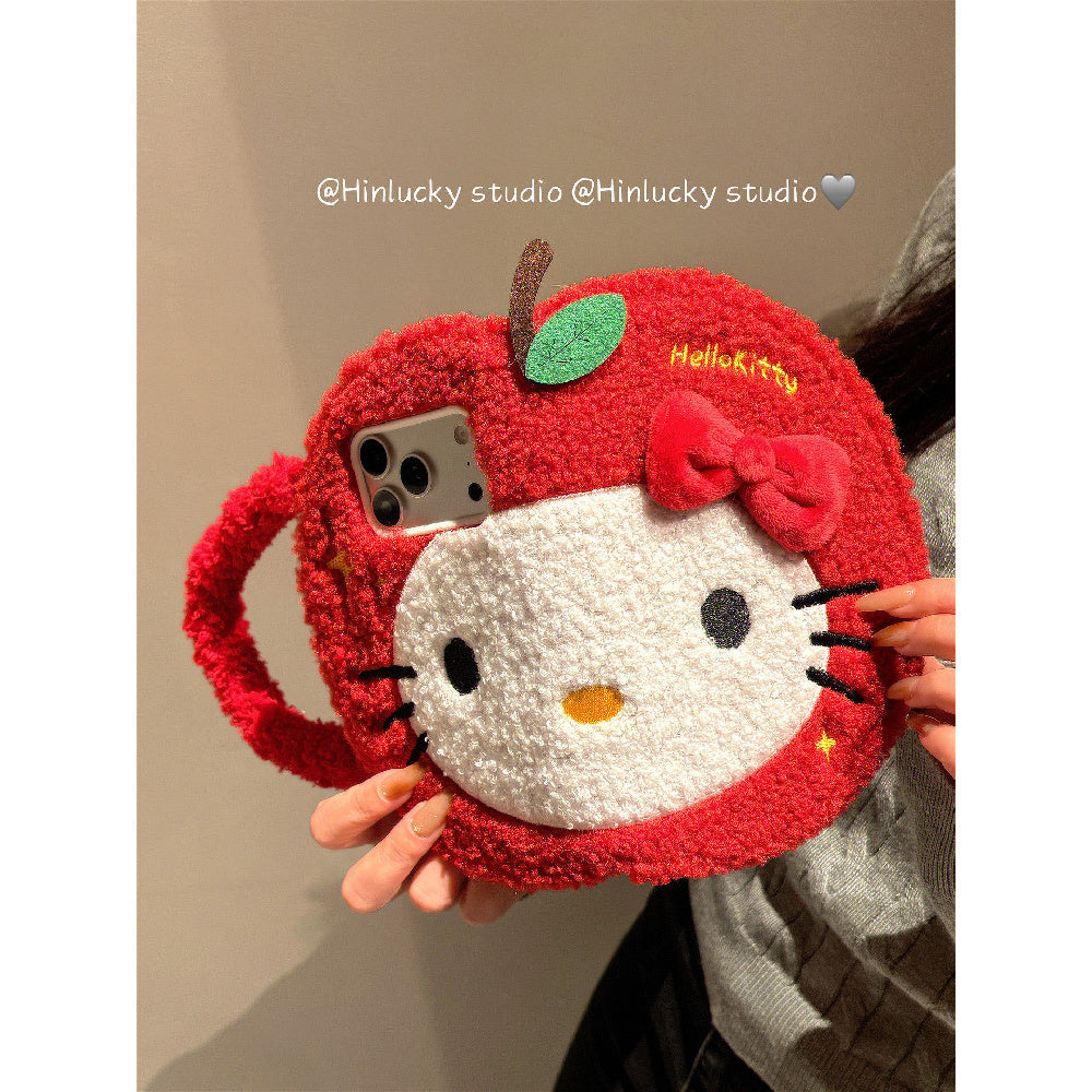 Ameigas Plush Flip Case - Cozy Red Apple Cat with Detachable Wrist Strap