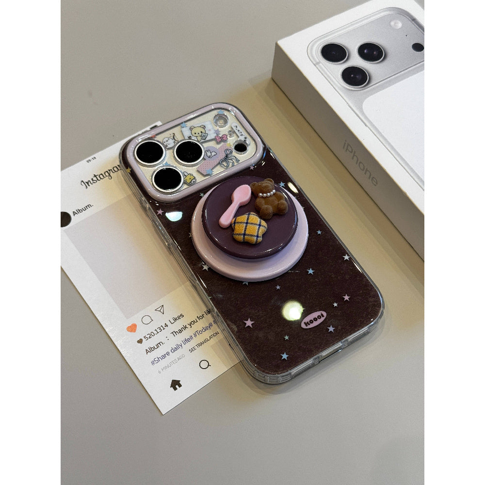 Ameigas Korean Chic Case - Brown Base with Colorful Stars & Bear Design and Magnetic Stand