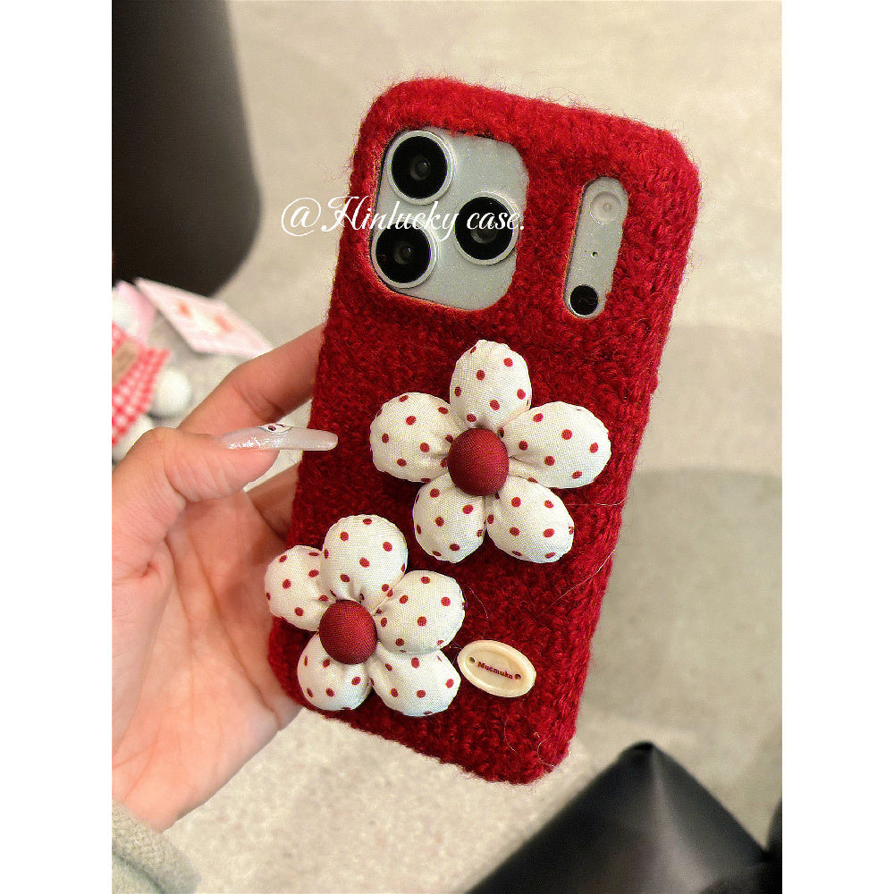 Ameigas Vintage Burgundy 3D Polka Flower Velvet Phone Case