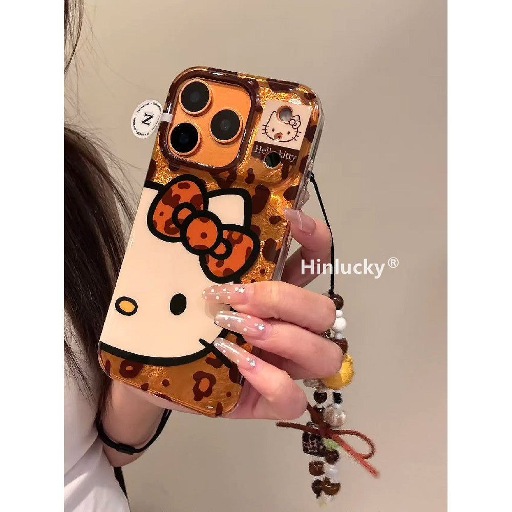 Ameigas Maillard Bow-Kitty Case - Leopard Print Cat with Detachable Chain & Foil Guard