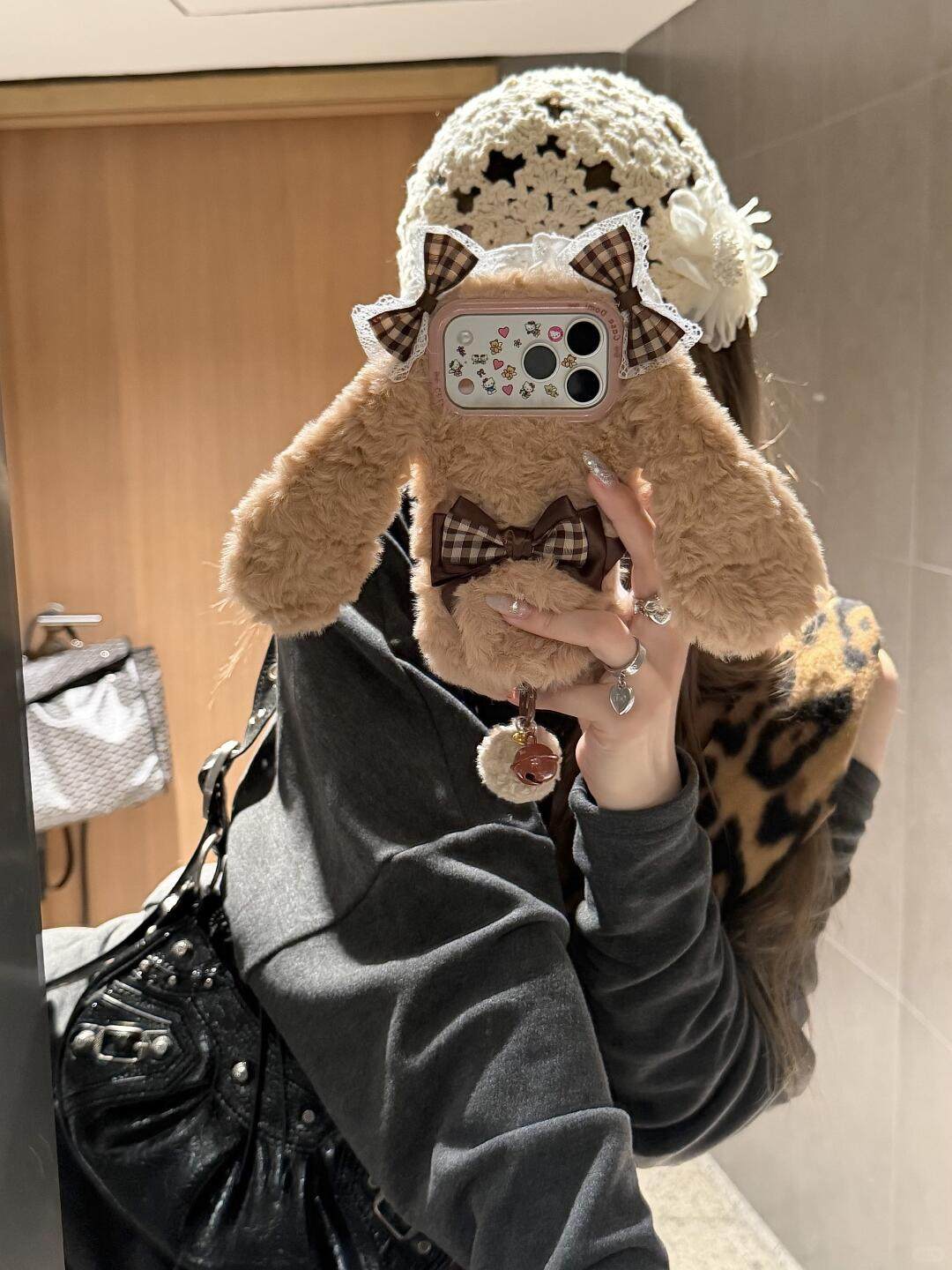 Ameigas Plaid Plush Case - Brown Check with Faux Fur, Lace & Bunny Ears Design