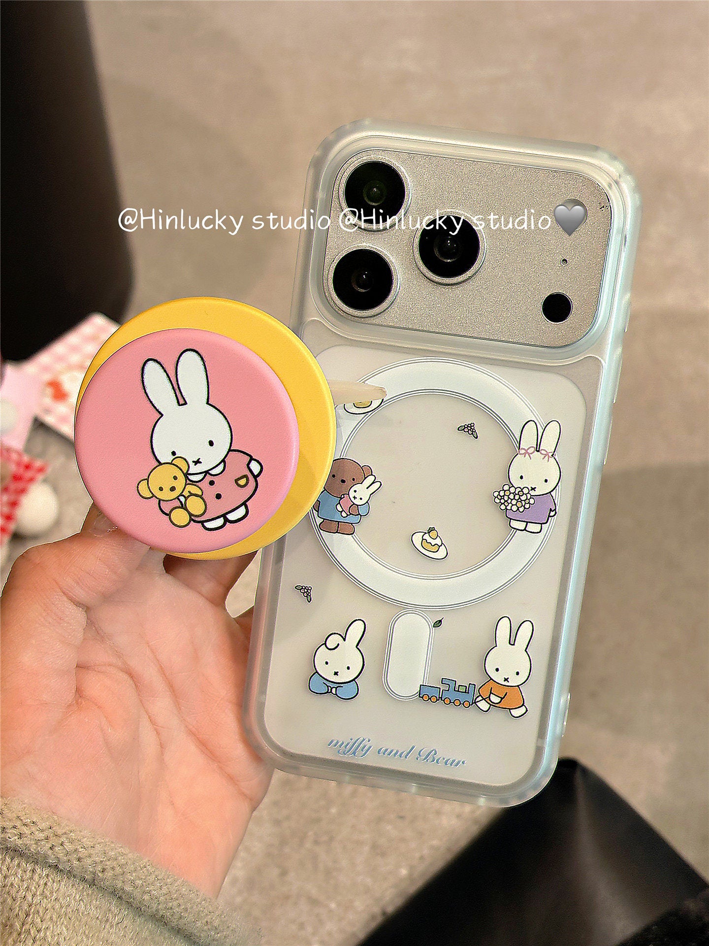 Ameigas Frosted Bunny Case - Miffy-Inspired MagSafe Cover with Pull-Ring Stand