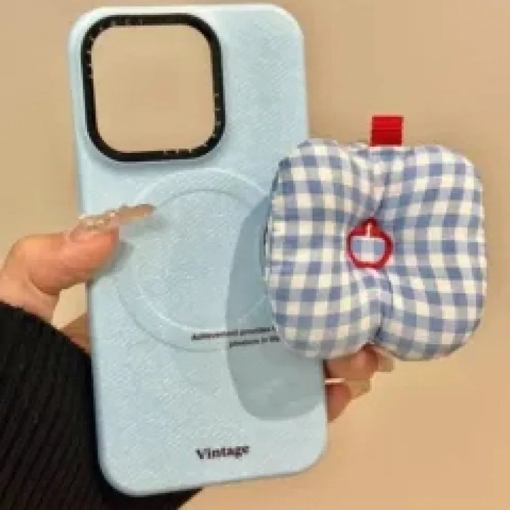 Ameigas Blue Plaid Apple Case - Classic Check & Apple Motif with Magnetic Stand - Ameigas