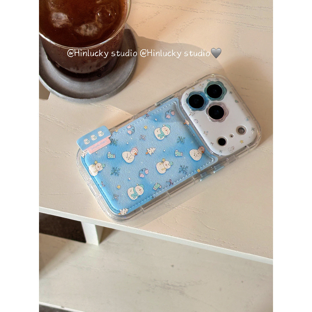 Ameigas Frostfell Collage Case - Blue Snowflake & Snowman Leather Cover for iPhone