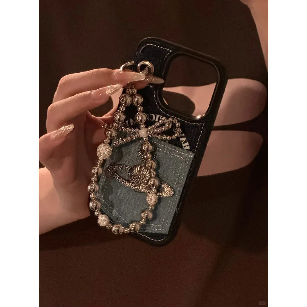 Ameigas Denim Planet Card Case - Ins Style Burlap & Celestial Print with Wallet Function - Ameigas