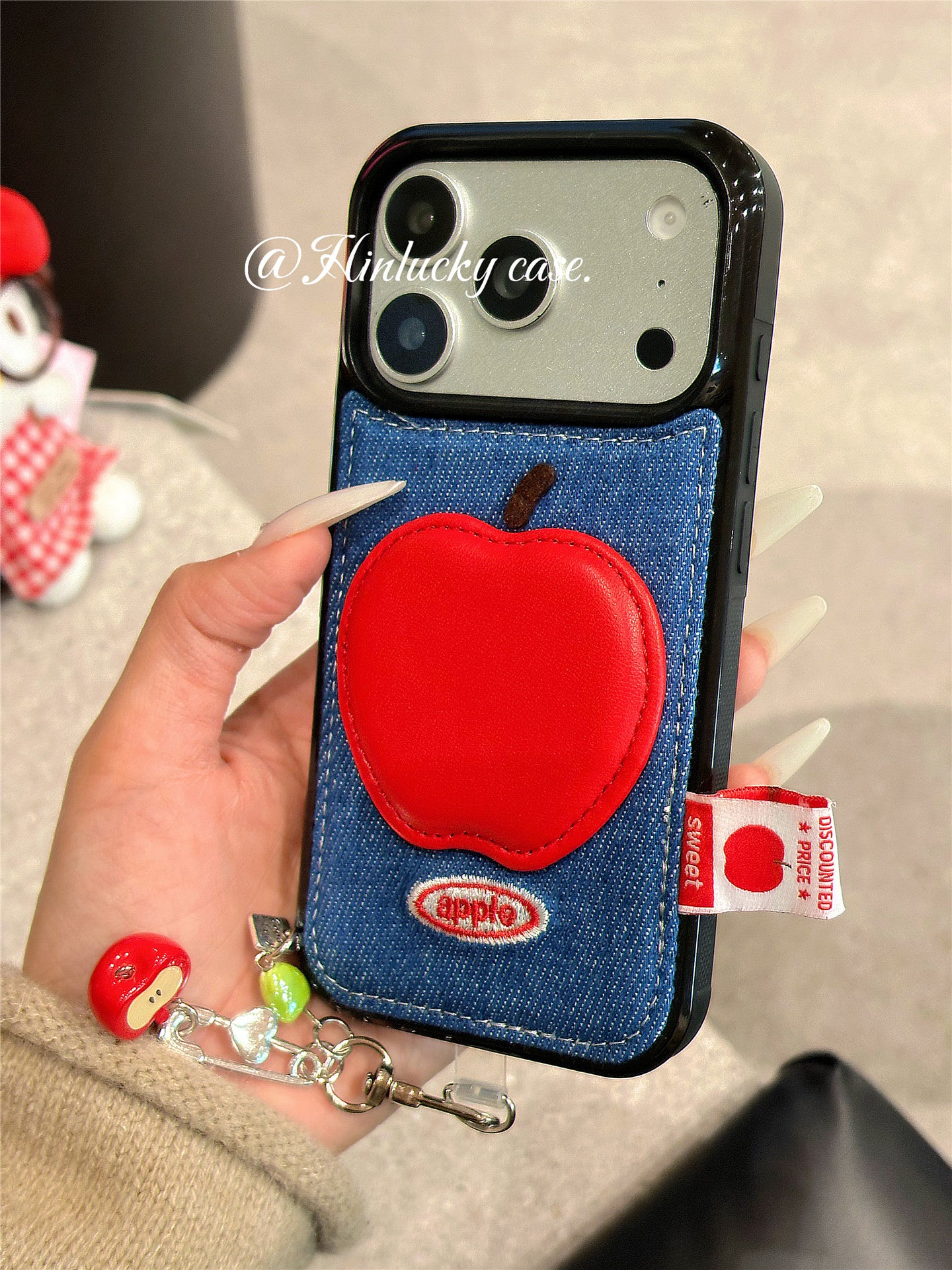 Ameigas Denim Harvest Case - 3D Red Apple Charm on Corduroy Full-Body Cover for iPhone