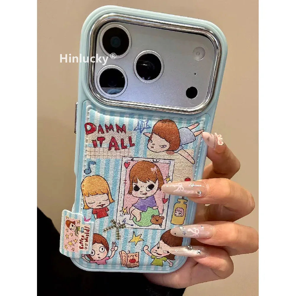 Ameigas Blue Stripe Nara Case - Artistic Doll Illustration Suede Cover with Stand - Ameigas