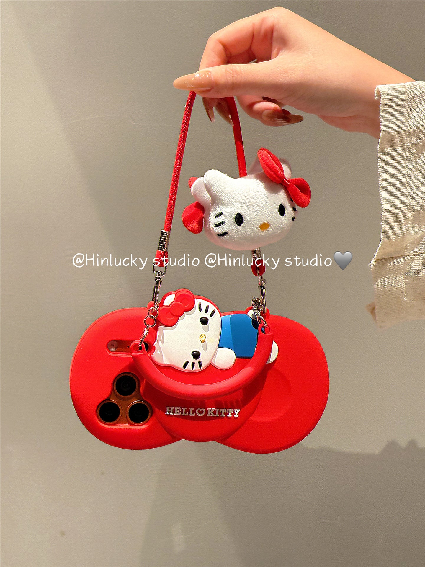 Ameigas Bow-Tie Kitty Strap Case - Red Ribbon Cat with Crossbody Strap Silicone Cover