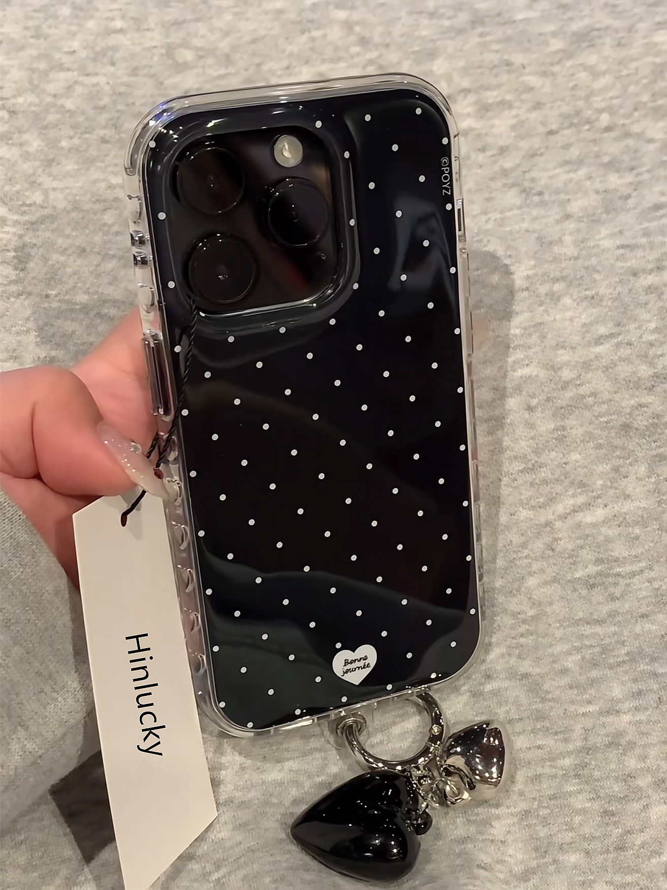 Ameigas Polka Heart Pendant Case - Black White Dot Detachable Charm MagSafe Cover
