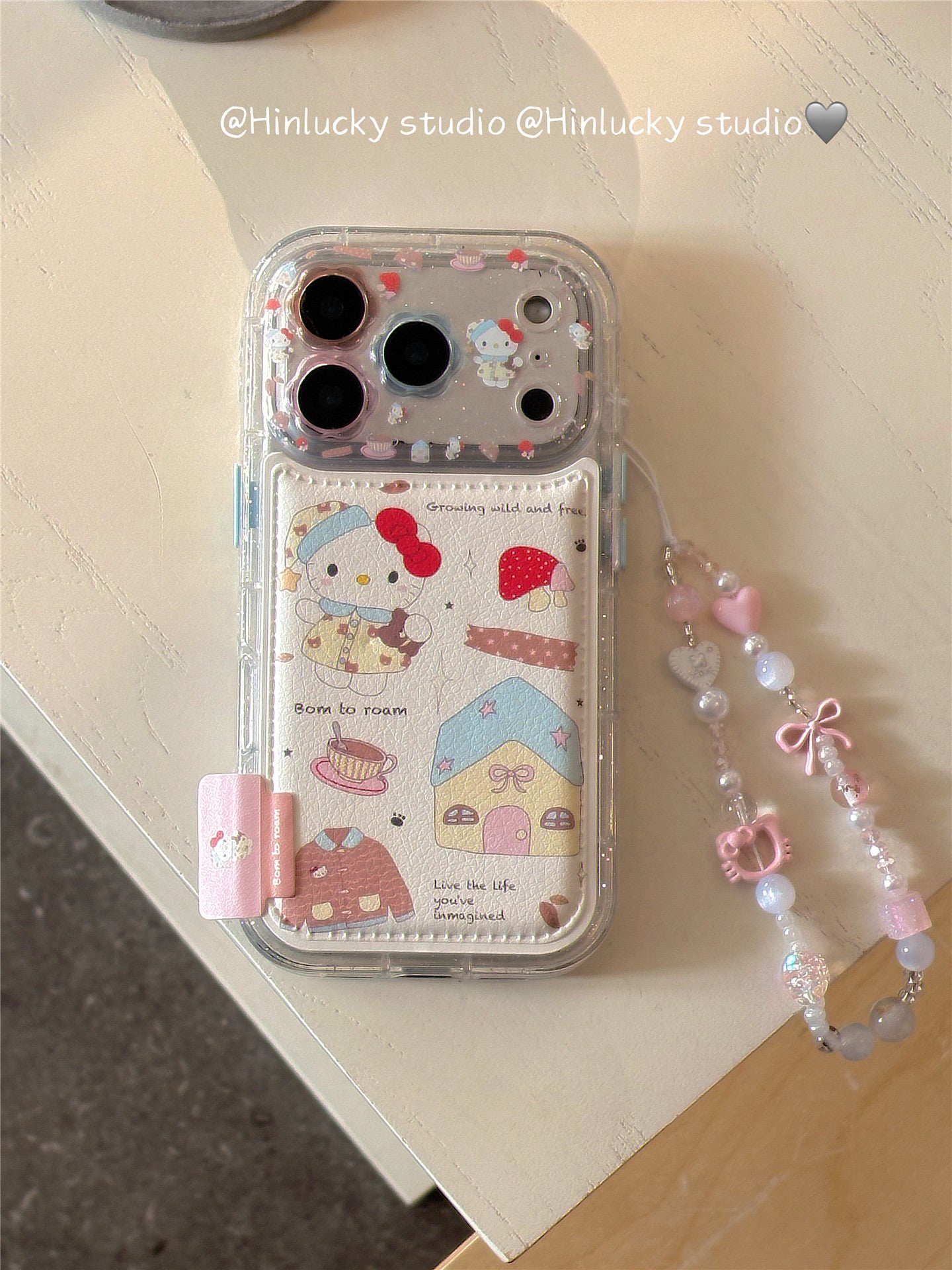 Ameigas Doodle Cafe Case - Cartoon House & Cat Leather Cover with Chain