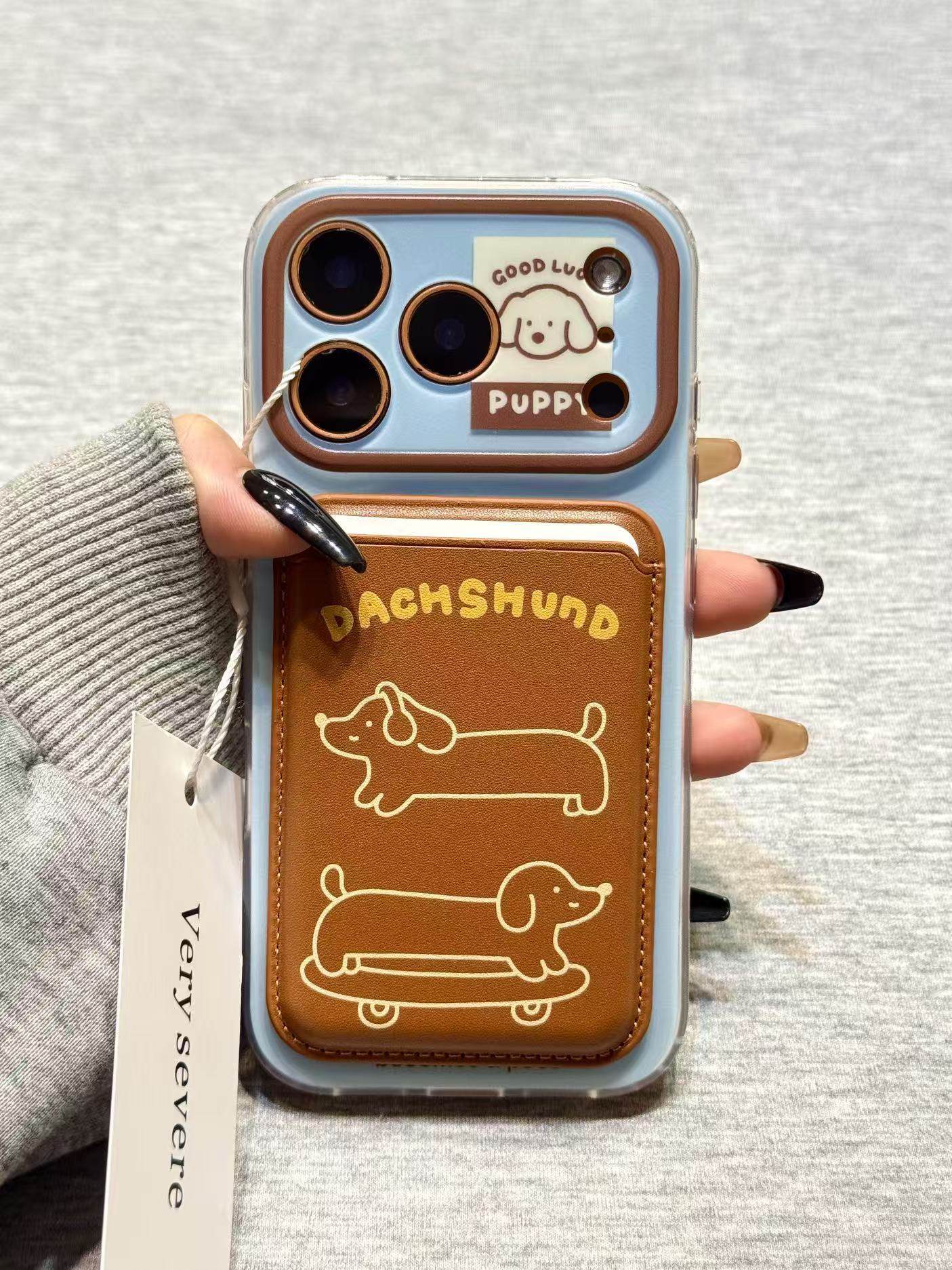 Ameigas Skateboarding Dachshund Case - Line Art Design with Card Holder & Magnetic Stand