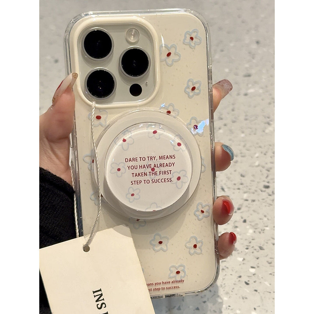 Ameigas Blue Botanica Stand Case - Korean Floral Text MagSafe Cover with Full Guard