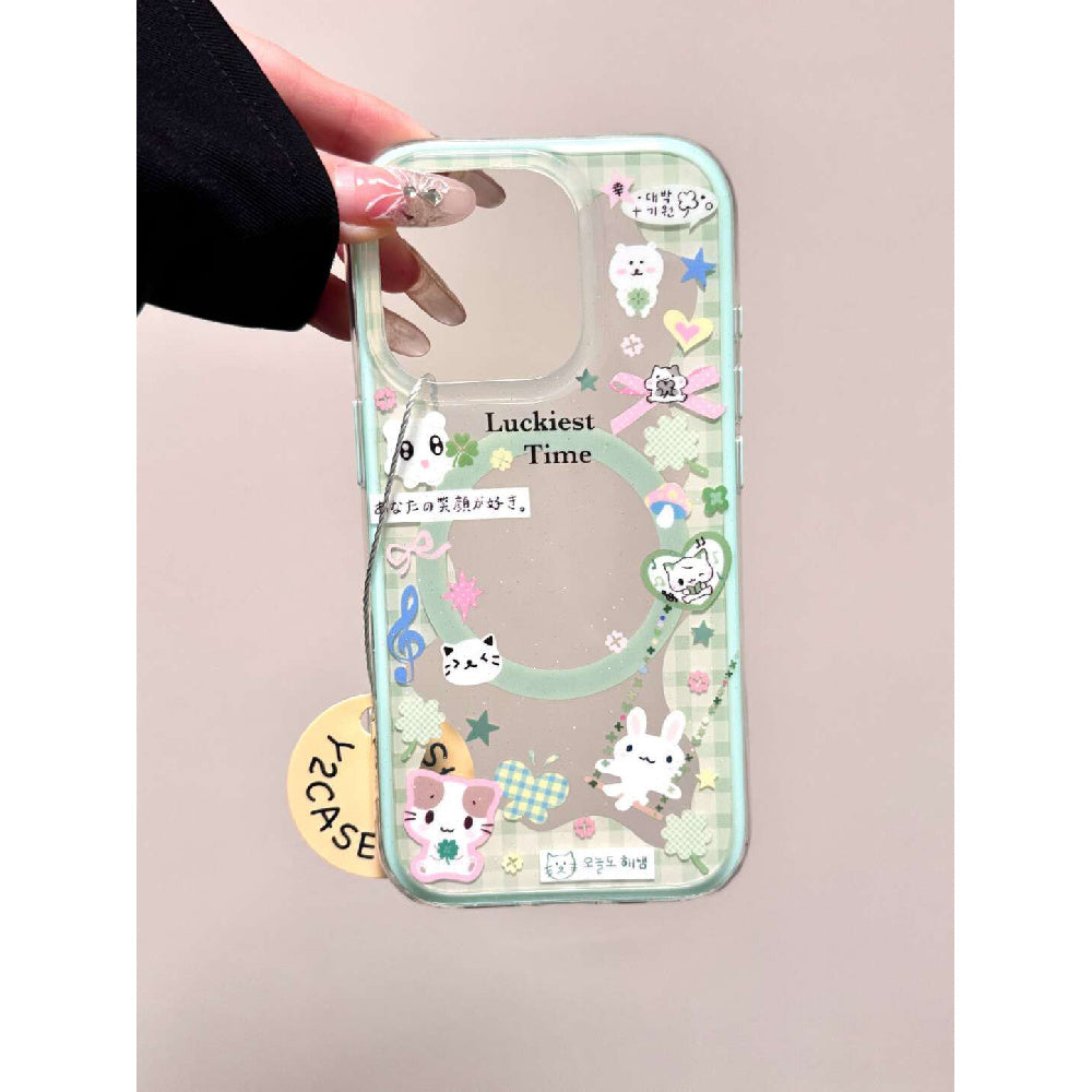 Ameigas Spring Lucky Cat Case - Clover Shake Cat with Magnetic 2-in-1 Stand & IMD Double Layer Protection