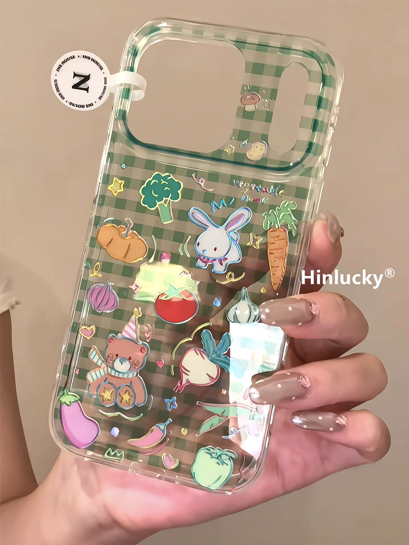 Ameigas Garden Patch Case - Green Gingham Bear, Bunny & Veggies with Gilt Accents