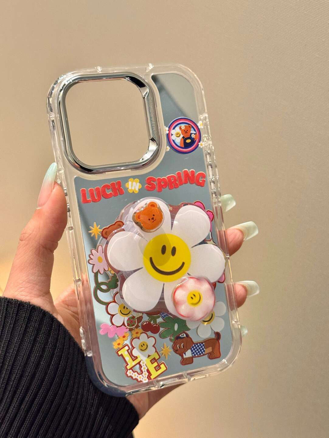 Ameigas Mirror Sunflower Bear Case - Reflective Design with Flip-Out Stand & Soft Protection