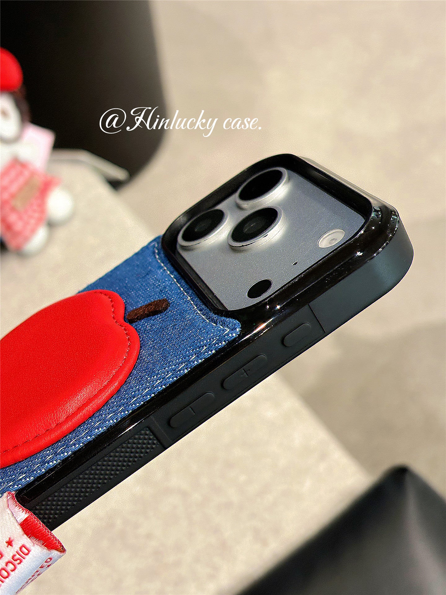 Ameigas Denim Harvest Case - 3D Red Apple Charm on Corduroy Full-Body Cover for iPhone