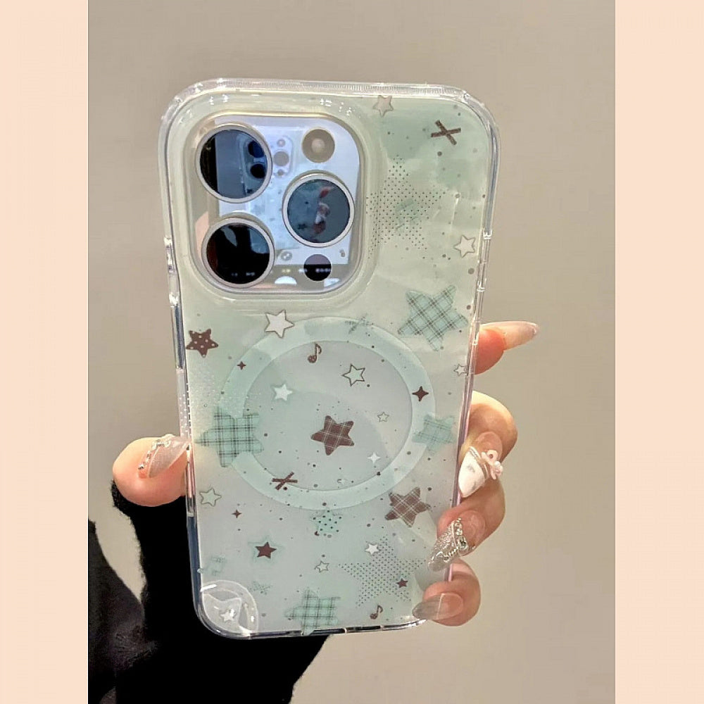 Ameigas Mint Check Star Stand Case - Korean Instagram Style DualGuard MagSafe Cover