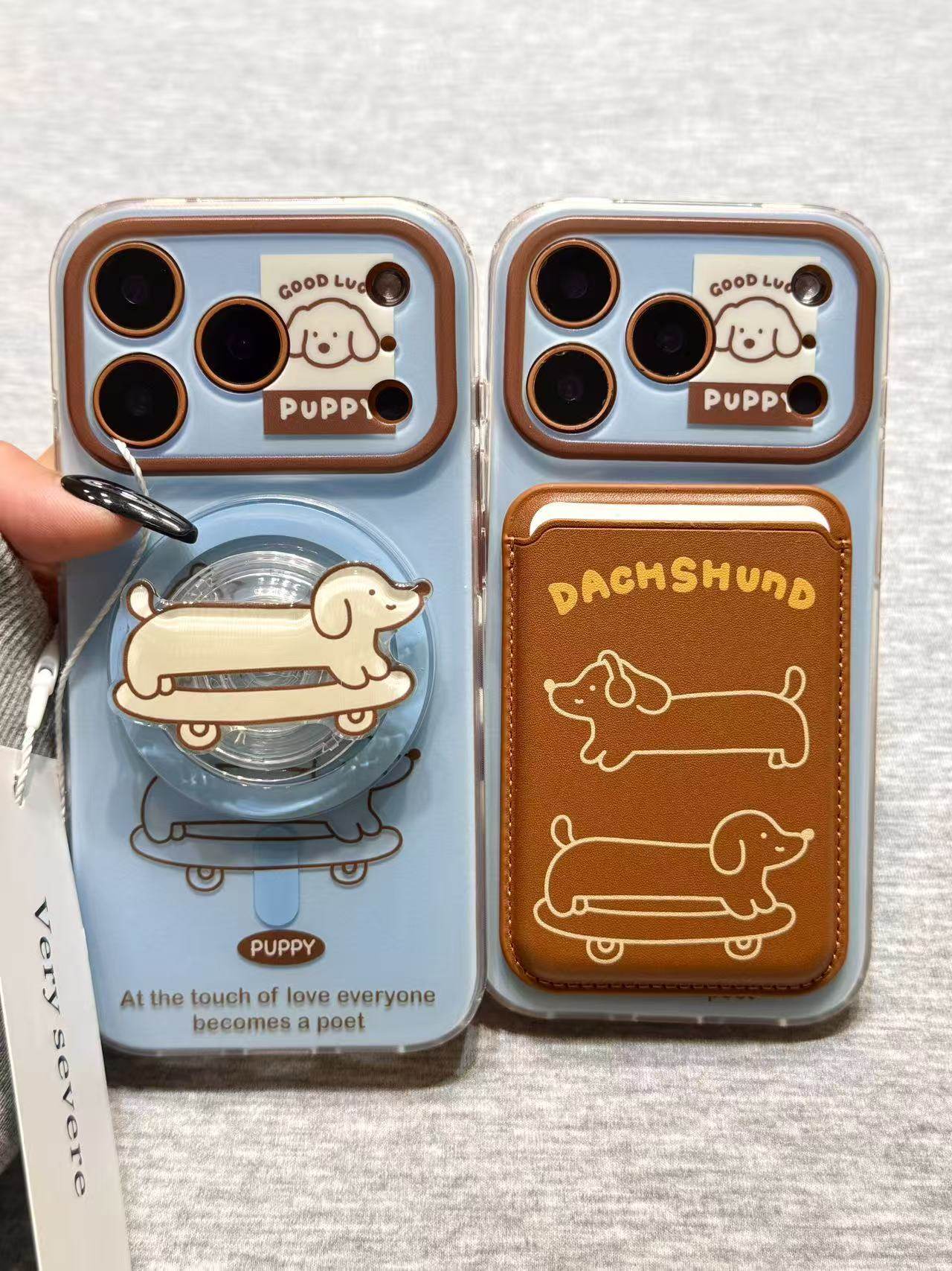 Ameigas Skateboarding Dachshund Case - Line Art Design with Card Holder & Magnetic Stand