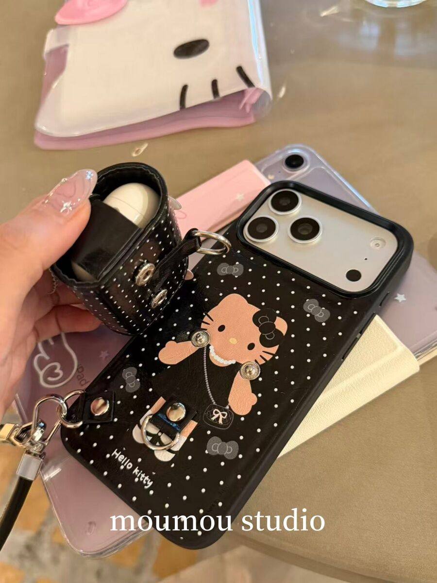 Ameigas Leather AirPods Cat Case - 2-in-1 Phone & Wireless Earbuds Holder with Strap