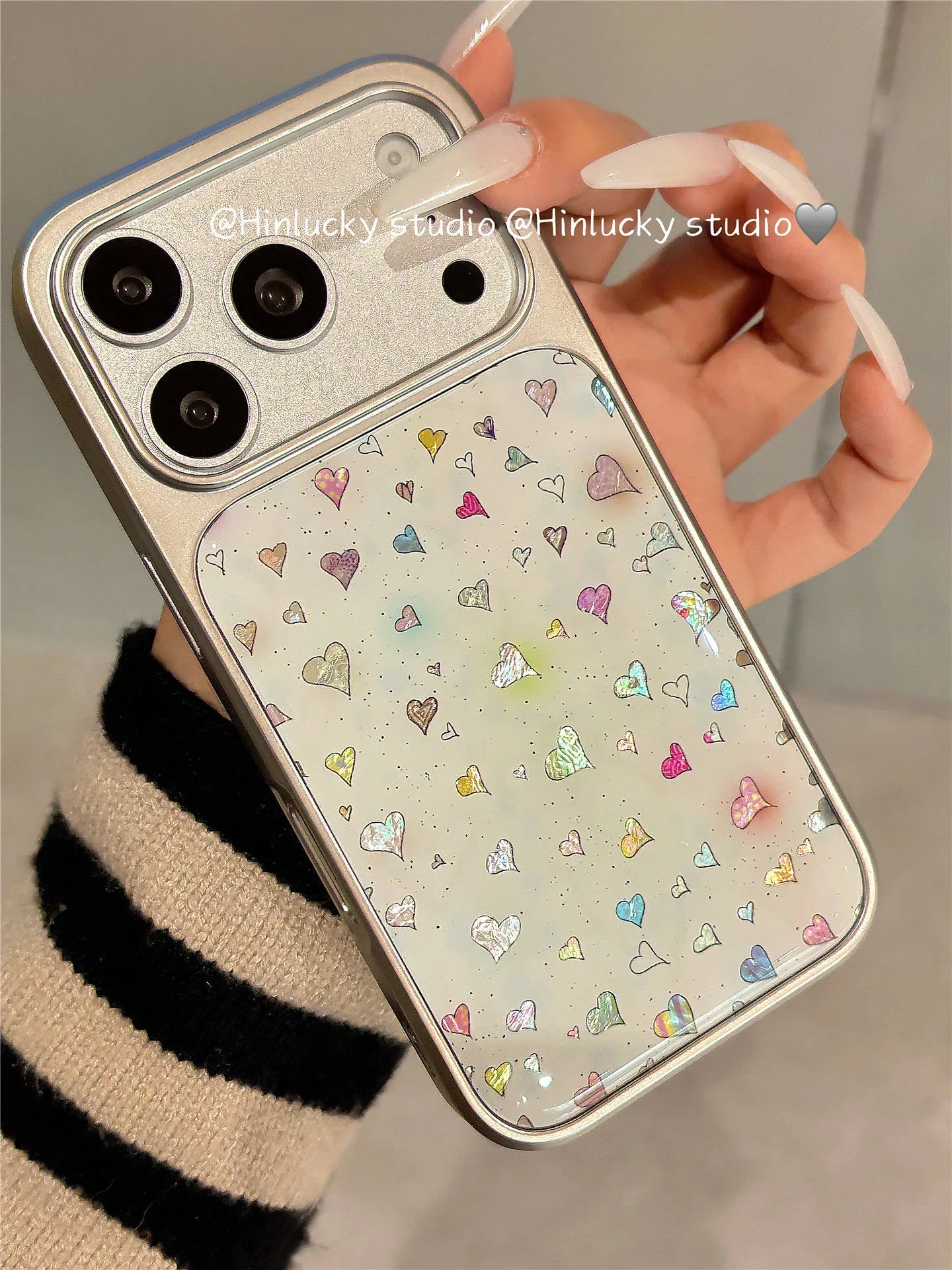 Ameigas Chroma Splash Case - Gradient Ink & Electroplated Silver Hearts MagSafe Cover - Ameigas