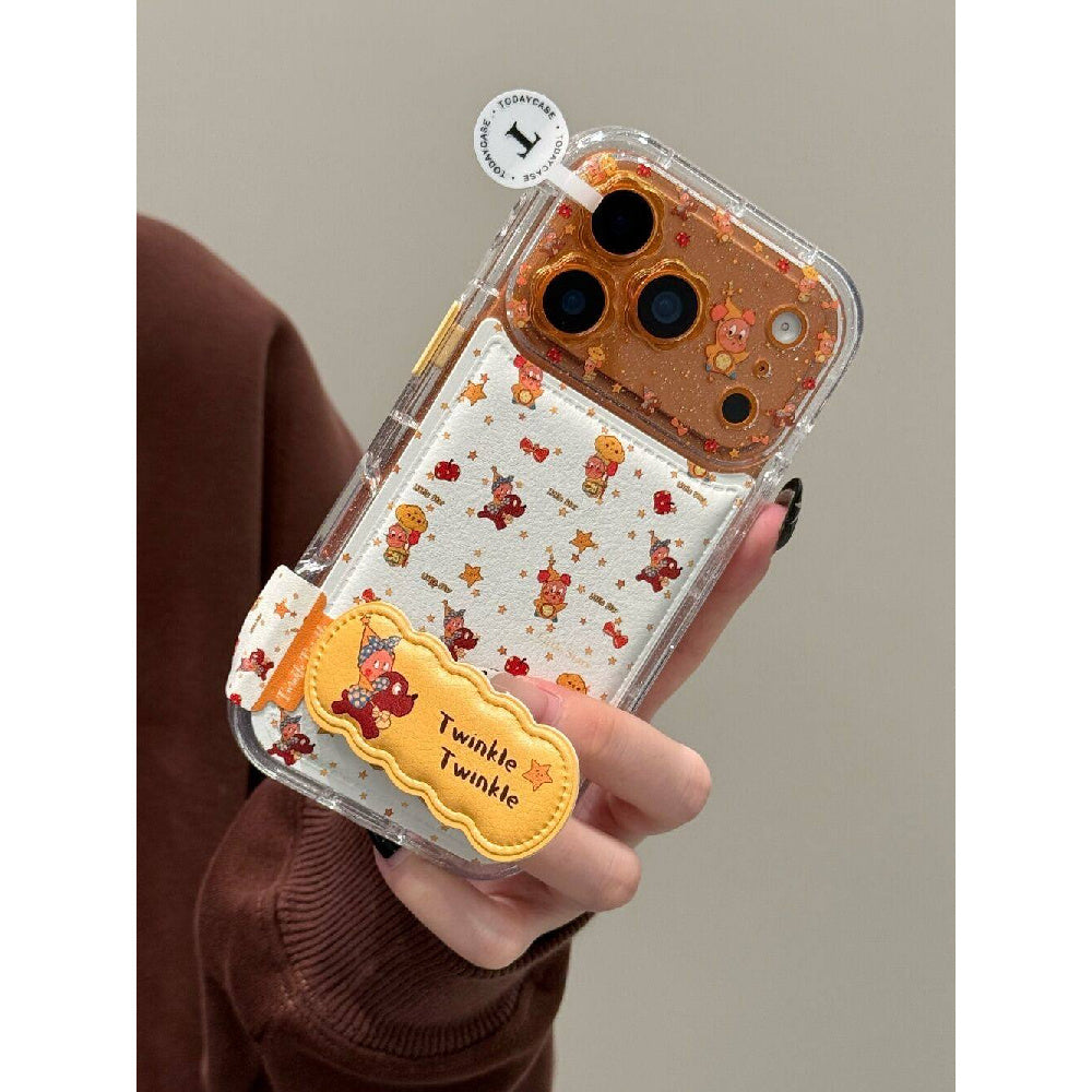 Ameigas Floral Starry Case - Glitter Flower, Leather Texture & Star Character Design with Built-in Stand
