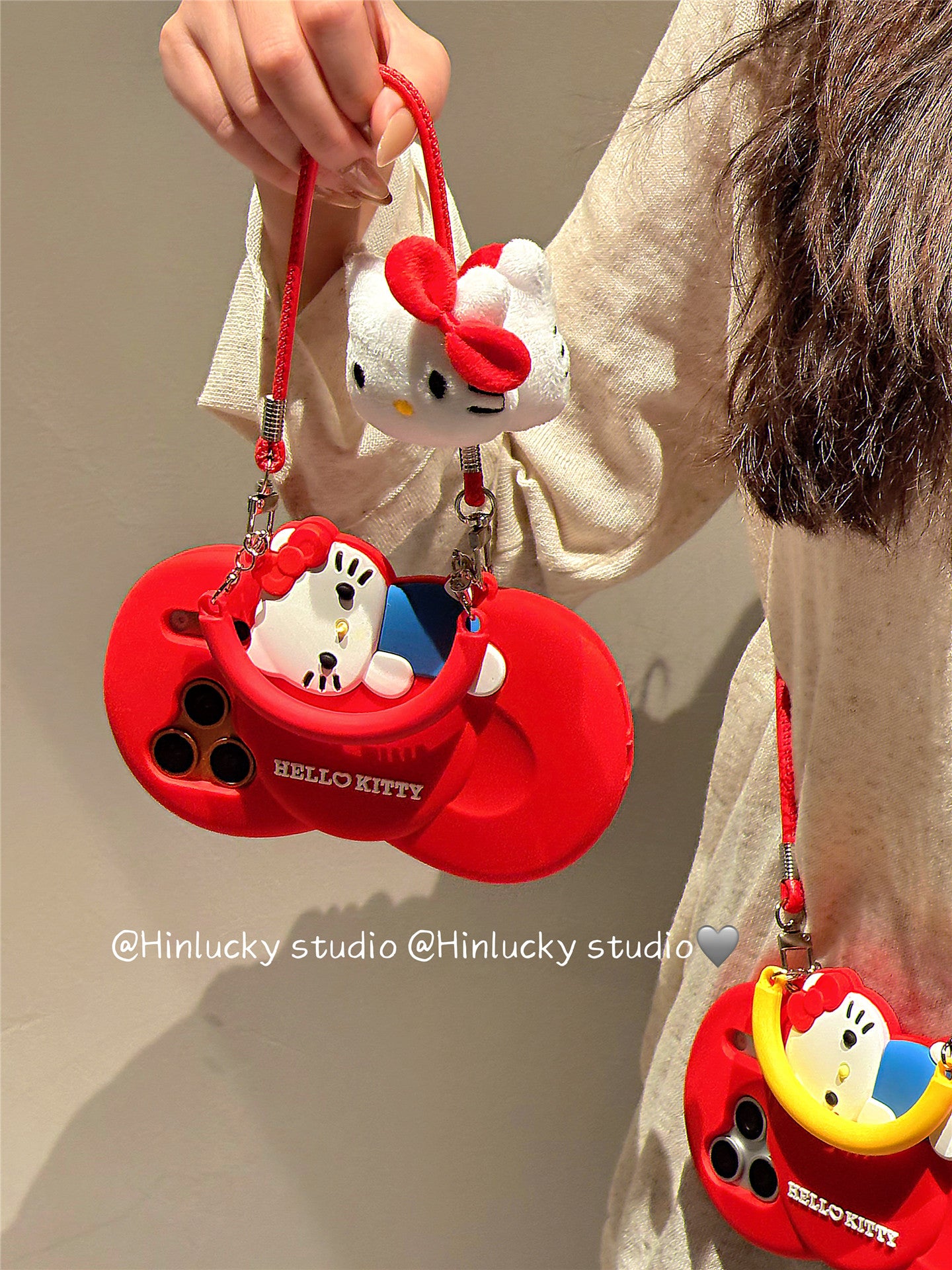 Ameigas Bow-Tie Kitty Strap Case - Red Ribbon Cat with Crossbody Strap Silicone Cover