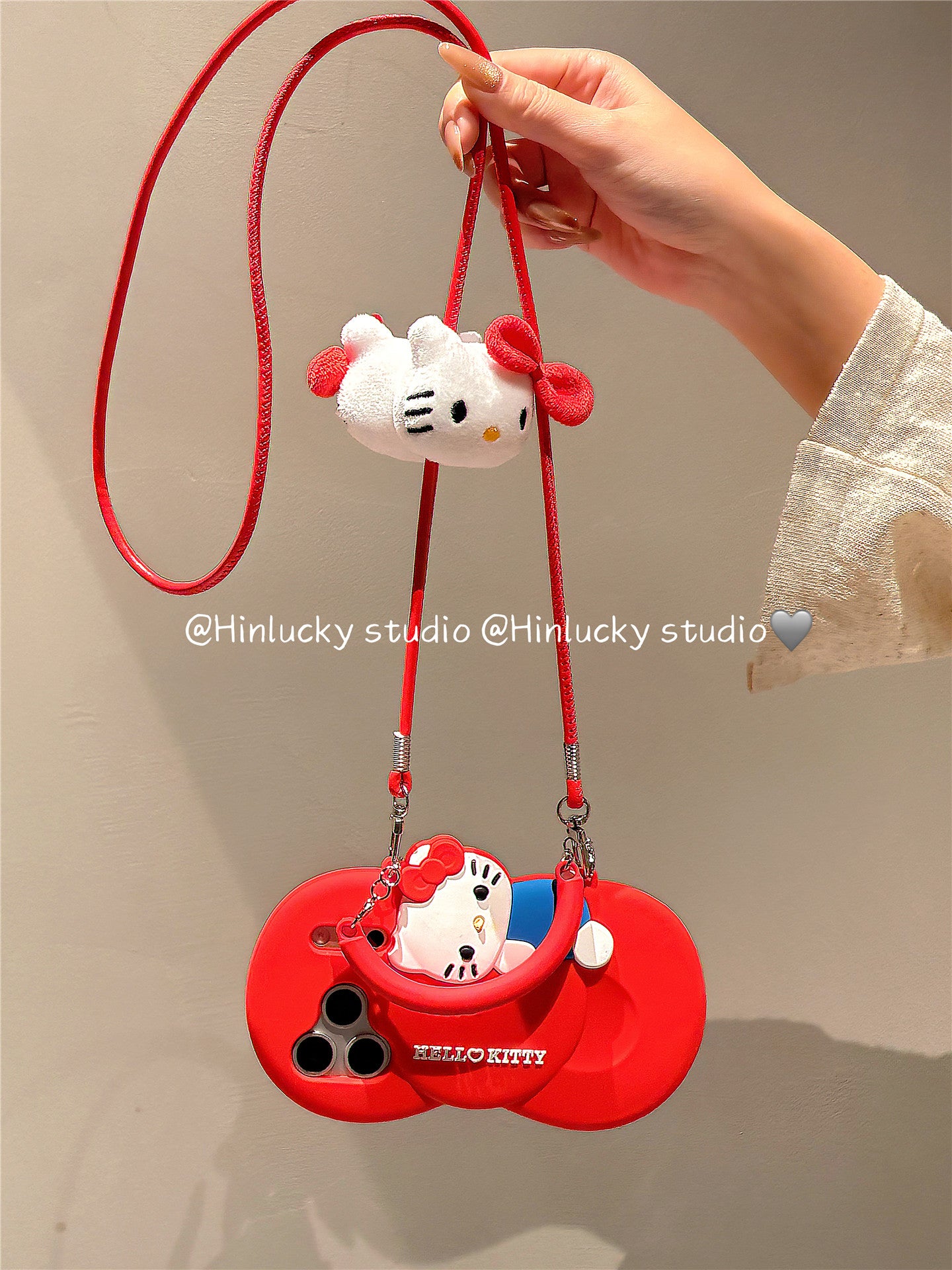 Ameigas Bow-Tie Kitty Strap Case - Red Ribbon Cat with Crossbody Strap Silicone Cover