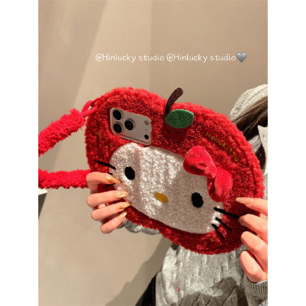 Ameigas Plush Flip Case - Cozy Red Apple Cat with Detachable Wrist Strap