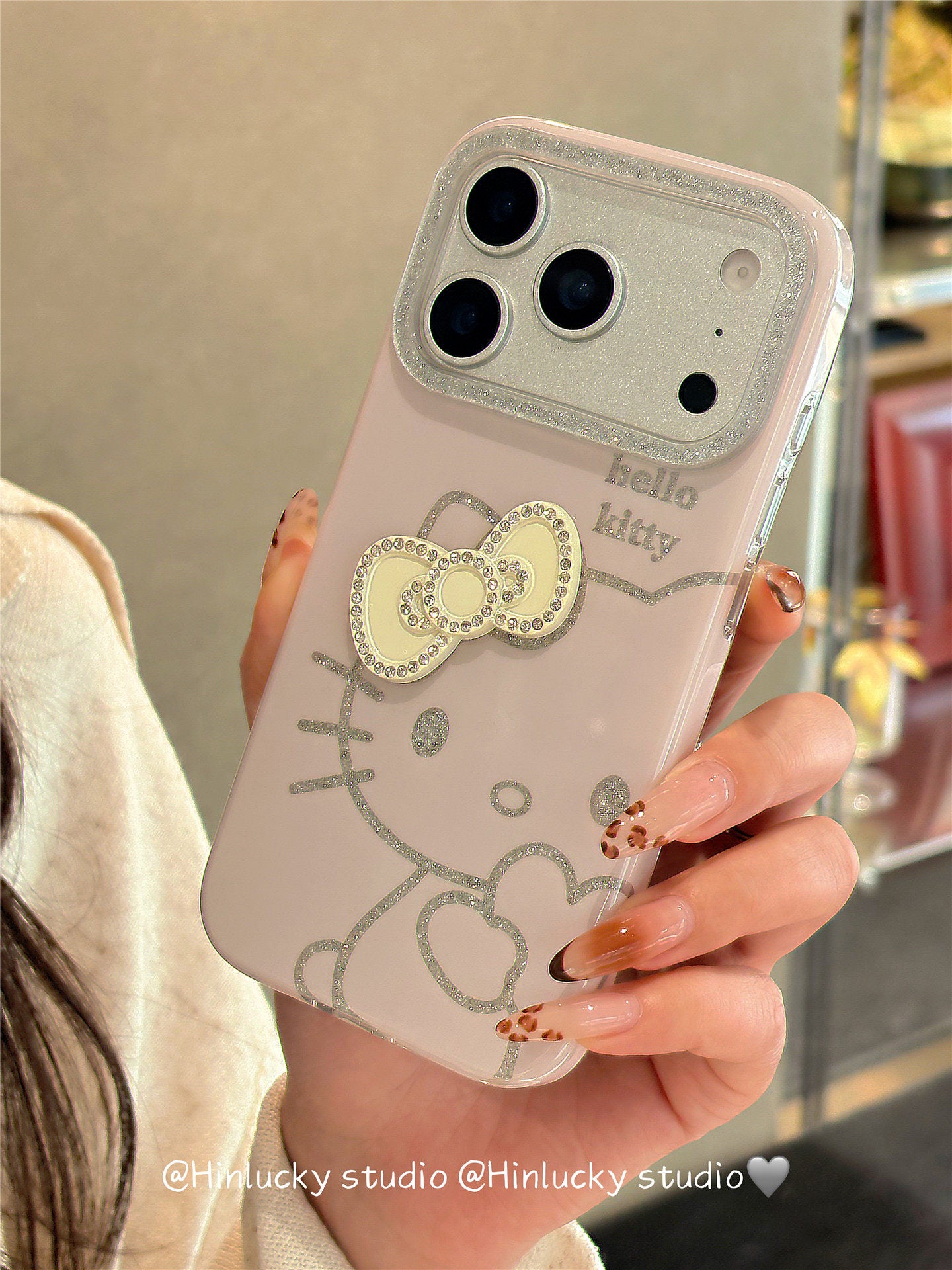 Ameigas Glitter Bow-Kitty Case - Pink Heart & Cat with MagSafe Pull-Ring