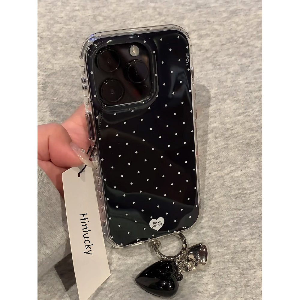 Ameigas Polka Heart Pendant Case - Black White Dot Detachable Charm MagSafe Cover