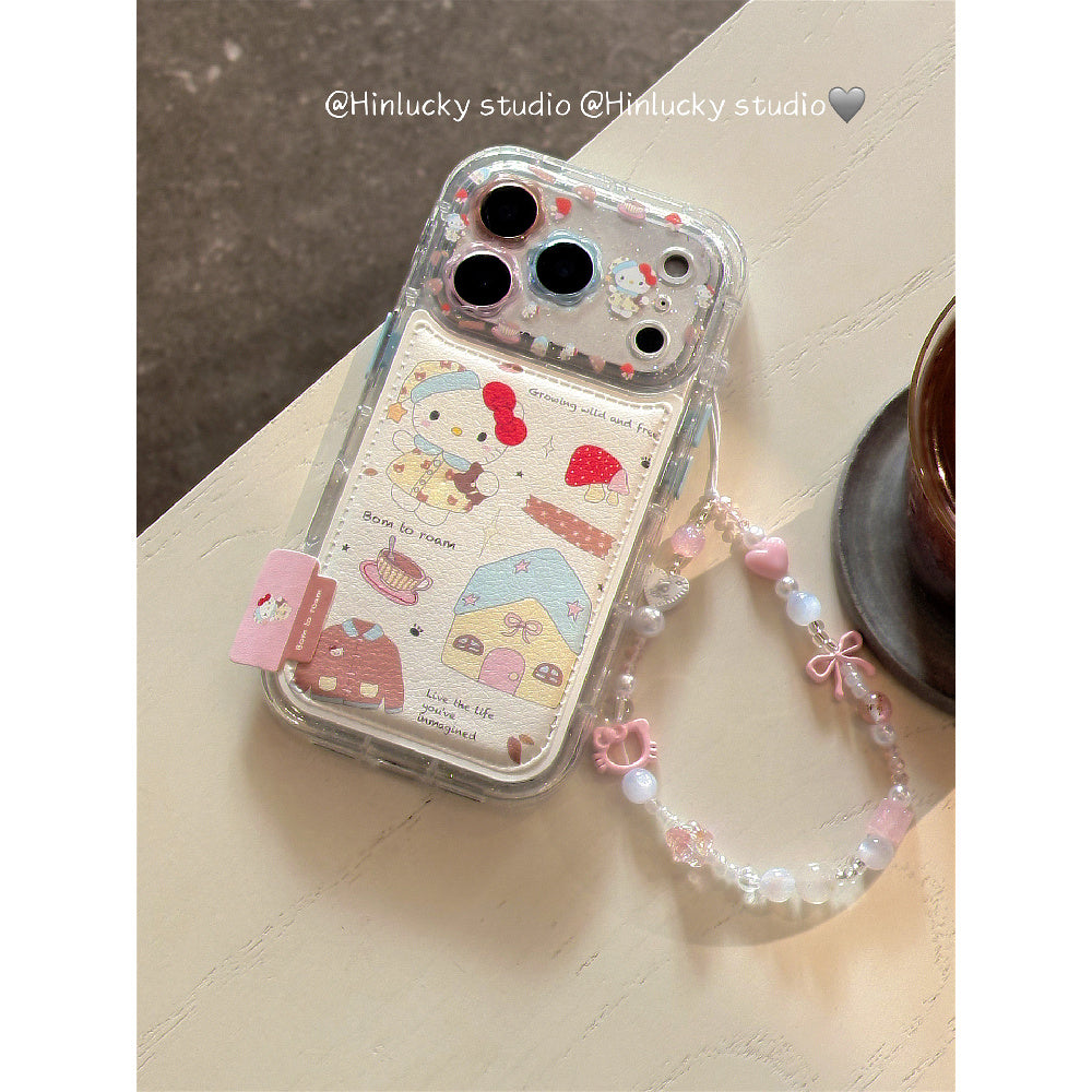 Ameigas Doodle Cafe Case - Cartoon House & Cat Leather Cover with Chain