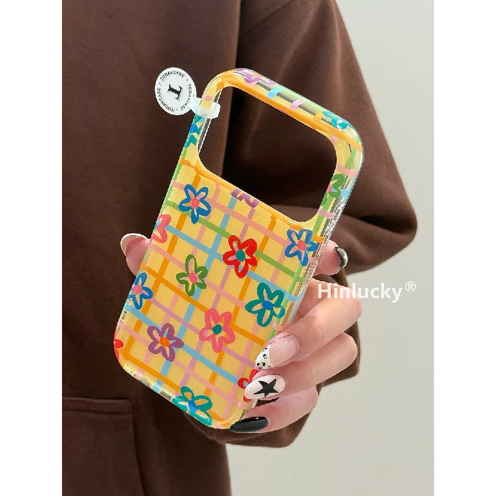 Ameigas INS Yellow Plaid Floral Dual-Layer Protective Phone Case