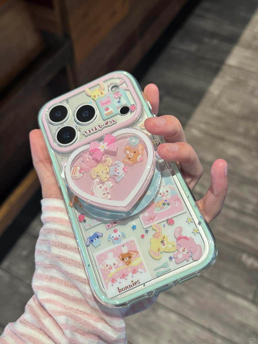 Ameigas 2-in-1 Bunny Dessert Case - Full-Screen Pink & Blue Cartoon Print with Magnetic Stand & Dual-Layer Protection - Ameigas