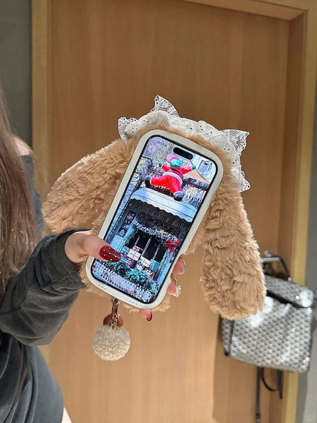 Ameigas Plaid Plush Case - Brown Check with Faux Fur, Lace & Bunny Ears Design