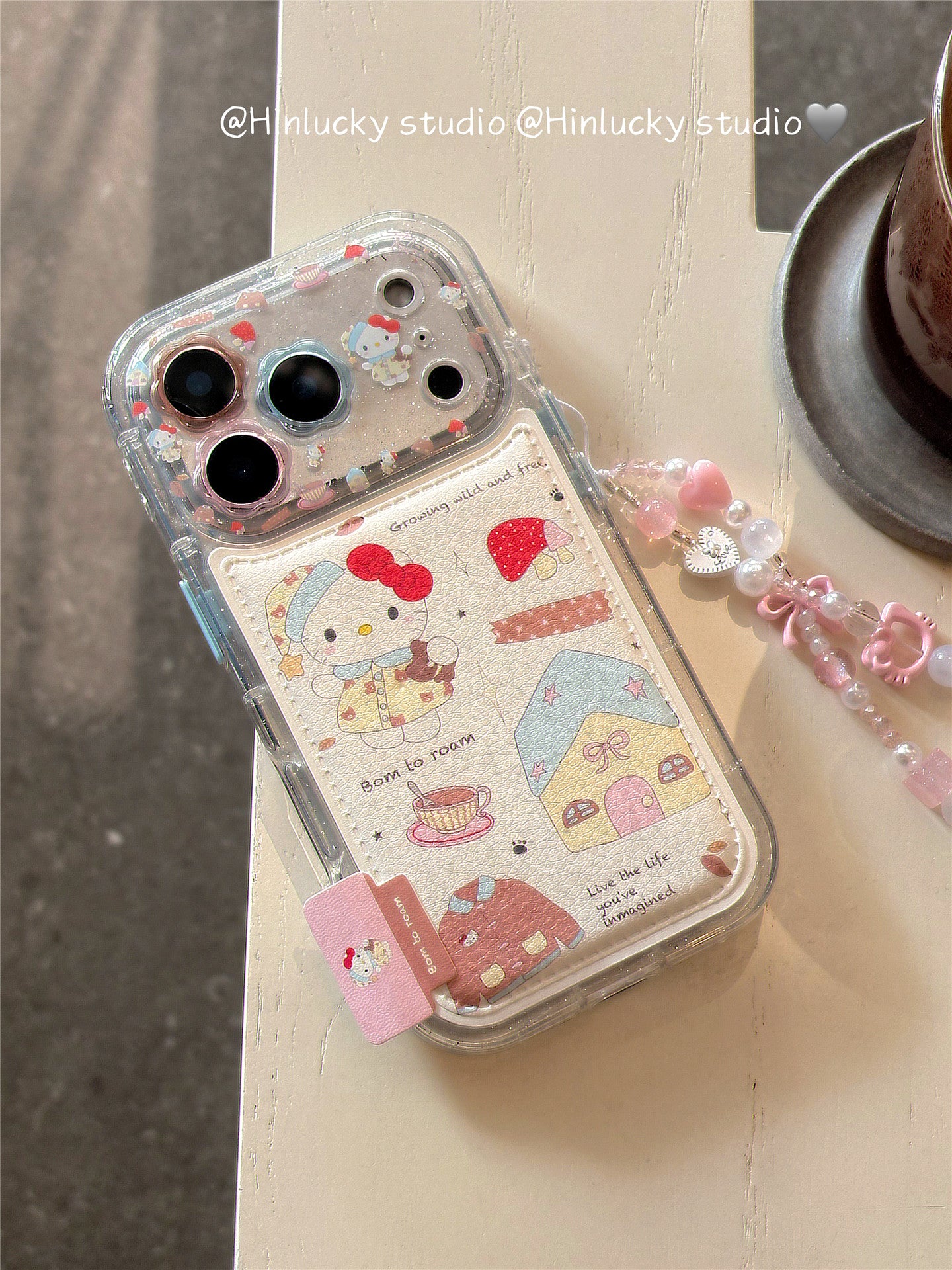 Ameigas Doodle Cafe Case - Cartoon House & Cat Leather Cover with Chain