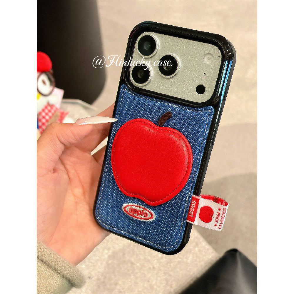 Ameigas Denim Harvest Case - 3D Red Apple Charm on Corduroy Full-Body Cover for iPhone