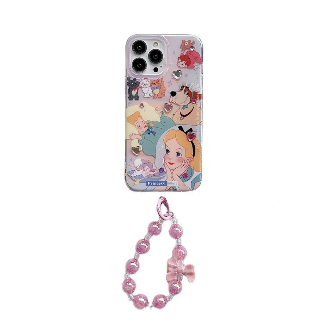 Ameigas Alice Princess Silicone iPhone Case – Shockproof Cover with Optional Crystal Stickers & Beaded Chain