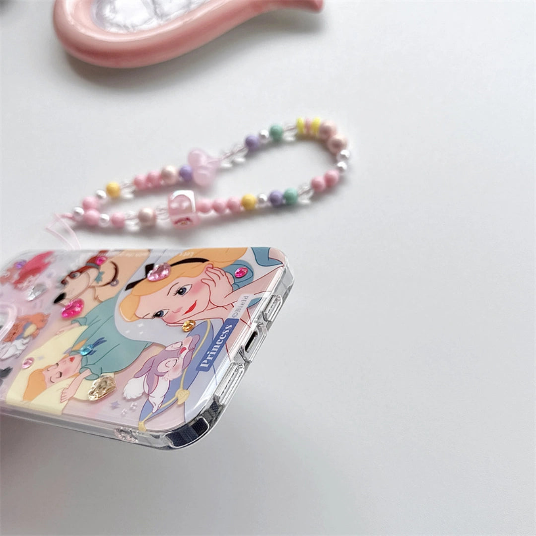 Ameigas Alice Princess Silicone iPhone Case – Shockproof Cover with Optional Crystal Stickers & Beaded Chain