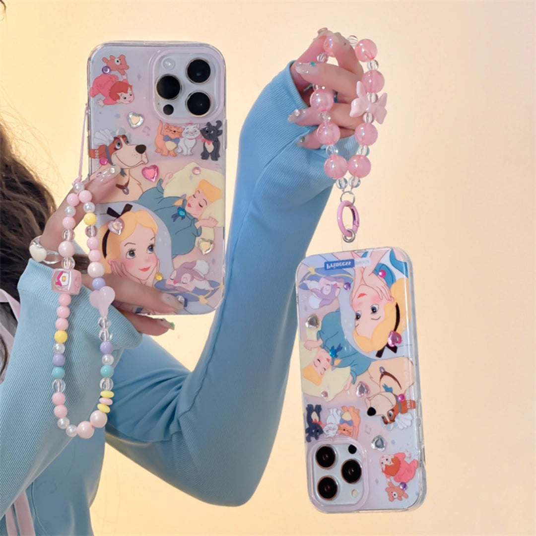 Ameigas Alice Princess Silicone iPhone Case – Shockproof Cover with Optional Crystal Stickers & Beaded Chain