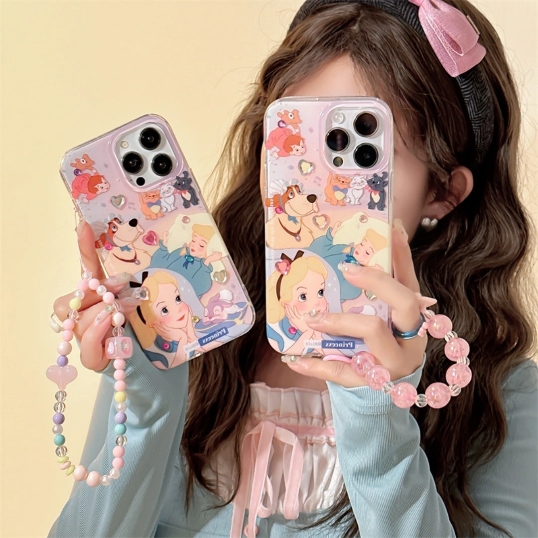 Ameigas Alice Princess Silicone iPhone Case – Shockproof Cover with Optional Crystal Stickers & Beaded Chain