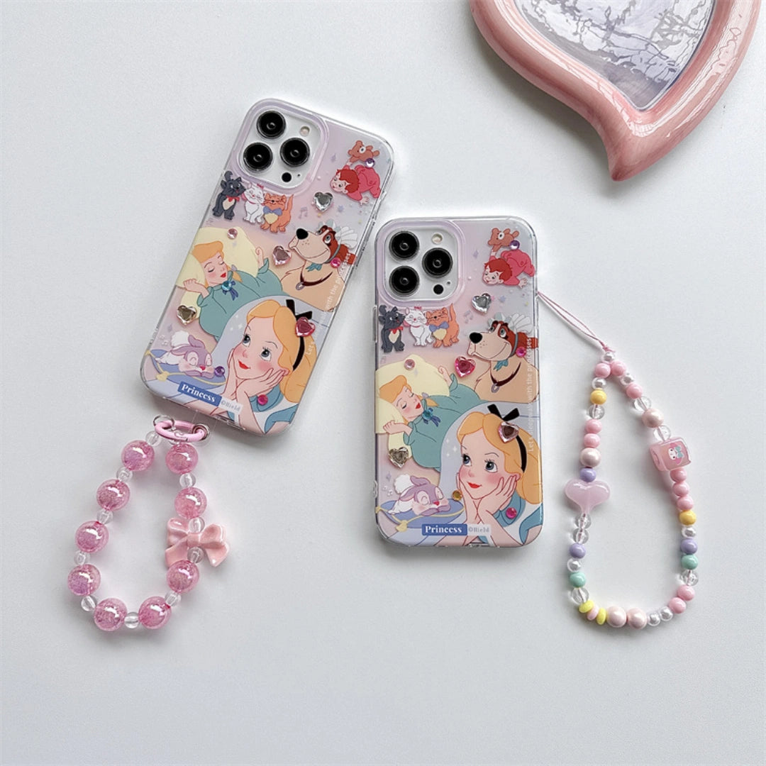 Ameigas Alice Princess Silicone iPhone Case – Shockproof Cover with Optional Crystal Stickers & Beaded Chain