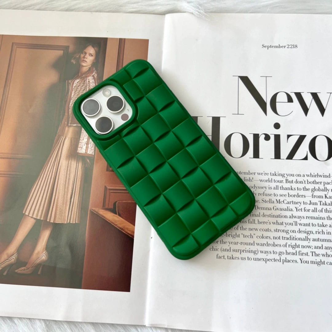 Ameigas BV Green Woven Texture iPhone Case – TPU Shockproof Full-Cover for iPhone 12–17 Pro Max
