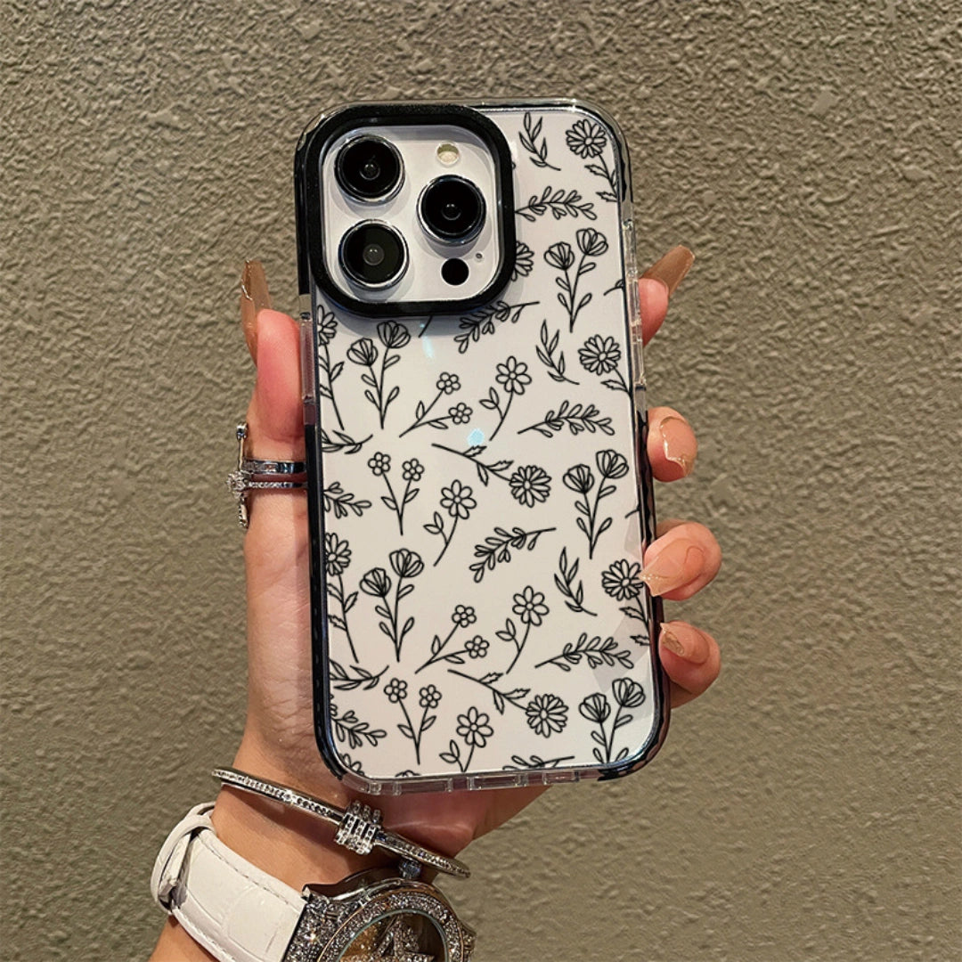 Ameigas Black Frame Floral Transparent iPhone Case — TPU Full Protection Cover, IMD Printed Design, Shockproof & Anti-Fingerprint
