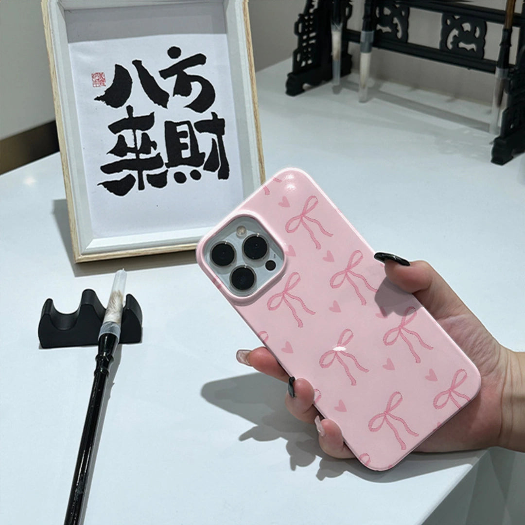 Ameigas Bowknot Full Cover Hard Film iPhone 17 Pro Max Case — Slim Shockproof Heat Transfer Protective Case for iPhone 14 Pro / 13