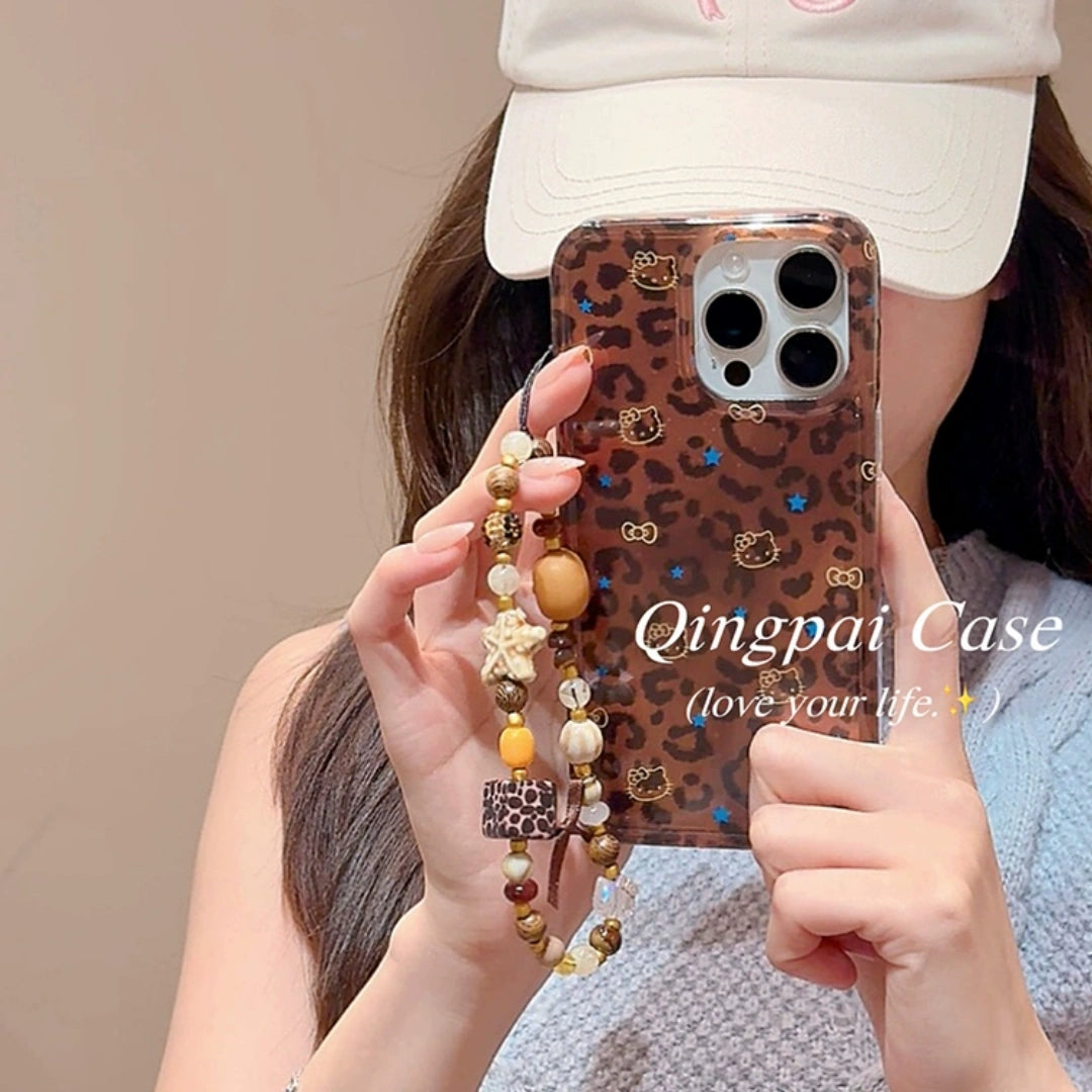 Ameigas Cartoon Cat & Star iPhone Case – Cute Leopard Print Design, IMD Printed Soft Cover for iPhone 14–17