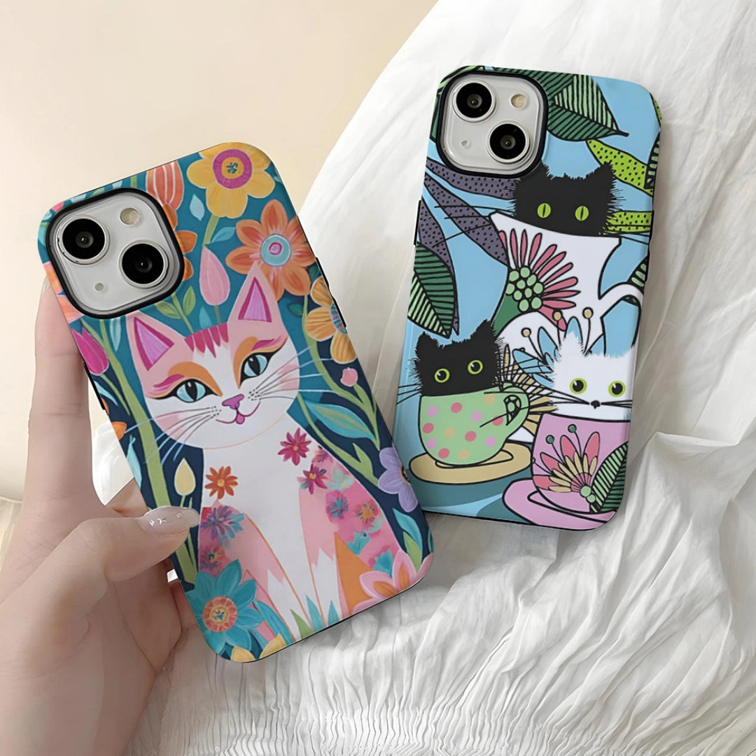 Ameigas Cute Cat Cartoon iPhone Case for iPhone 17 Pro Max / 16 / 15 / 13 Pro Max — European & American Style Hard Film Case, Shockproof & Anti-Scratch