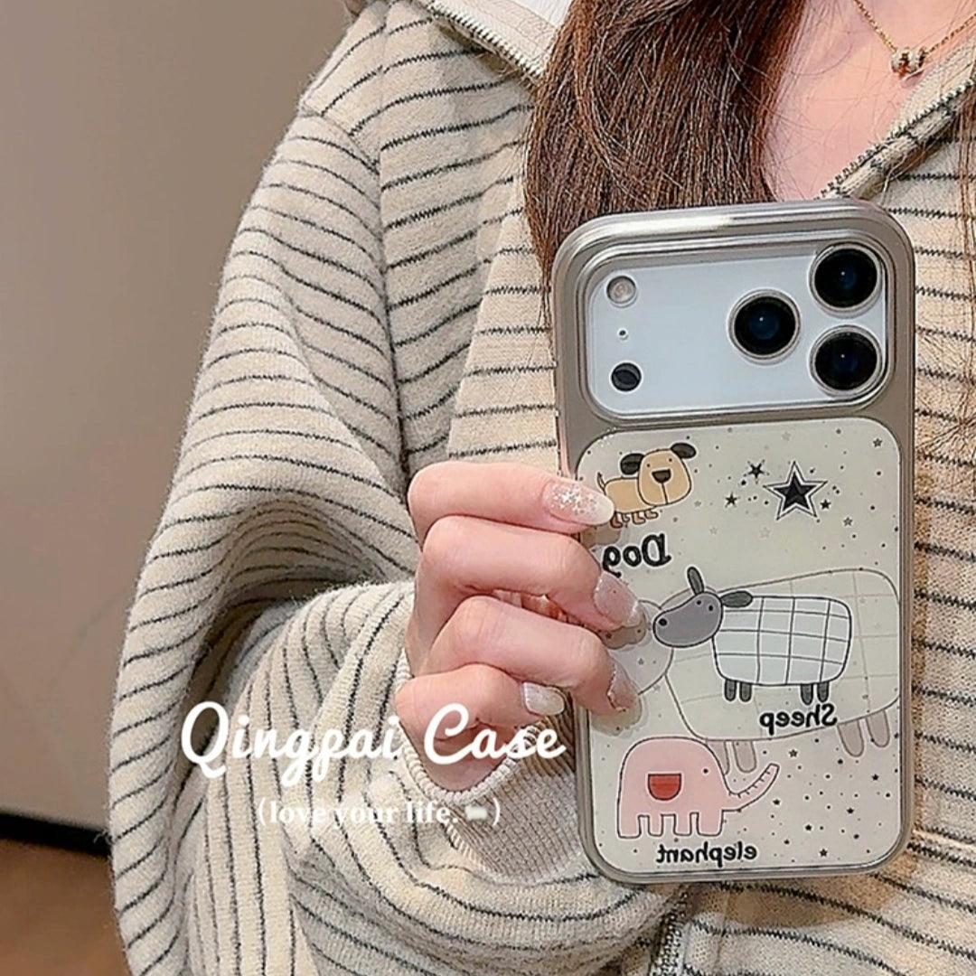 Ameigas Creative Abstract Sheep iPhone Case – Electroplated Border, Durable IMD Shockproof Hard Cover